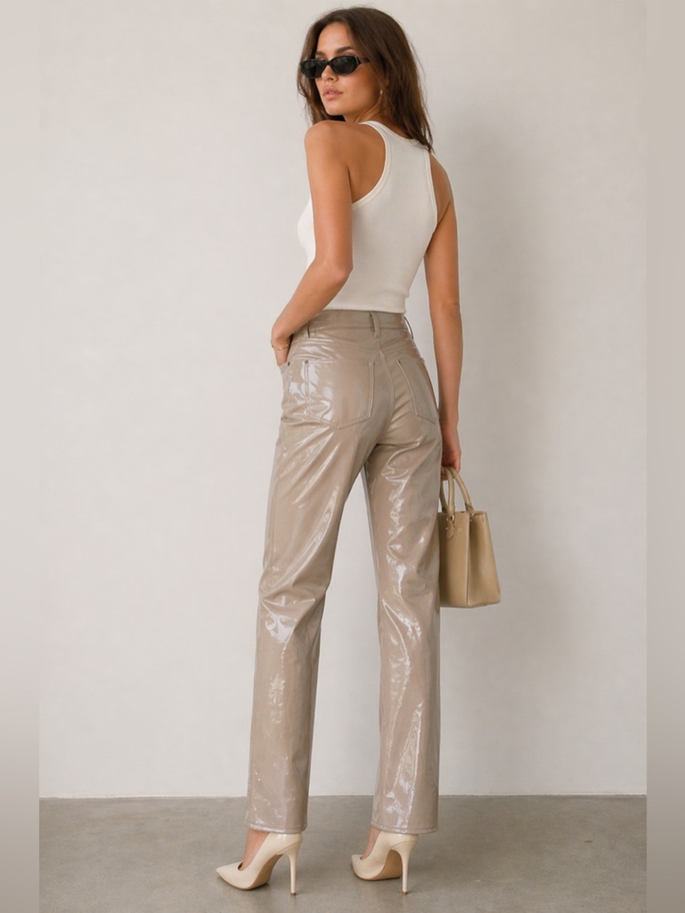 AGOLDE 90s Pinch Waist Recycled Leather Pants Taupe Patent High Rise 28 - Picture 2 of 11